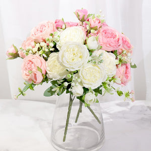 Pink Silk Peony Artificial Flowers Rose Wedding Home DIY Deco White Fake Flower